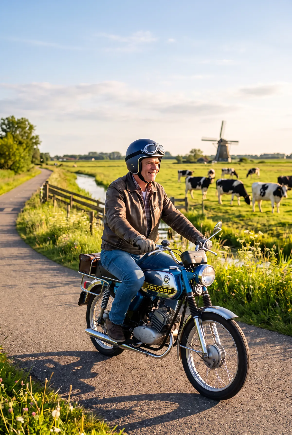 Klassieke Zündapp-brommer met versnellingen op een polderweg – overstappen van brommerverzekering