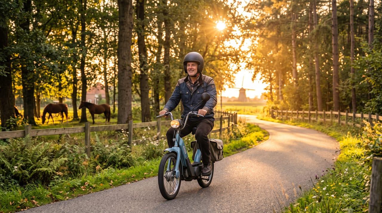 Man op een klassieke brommer op een bospad bij zonsondergang
