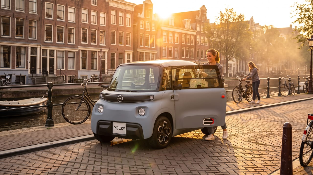 Vrouw laadt boodschappen in een brommobiel op een kade langs de gracht