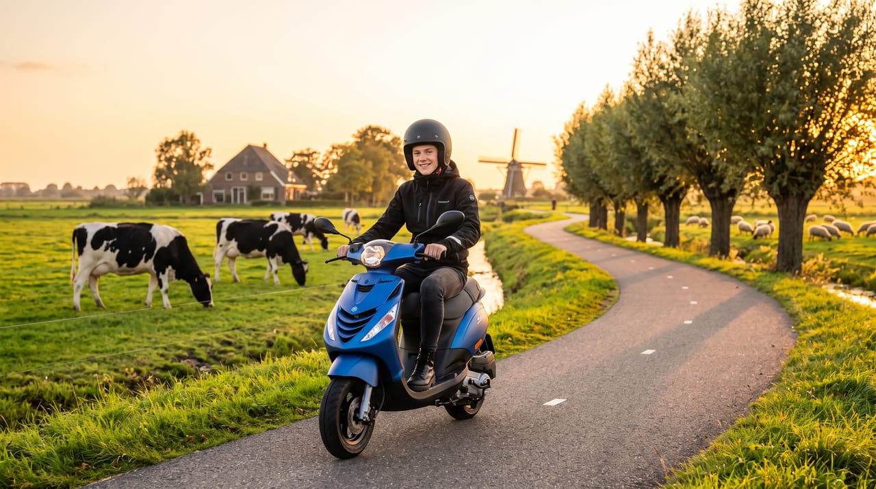 Jongen op een blauwe scooter op een polderweg langs grazende koeien