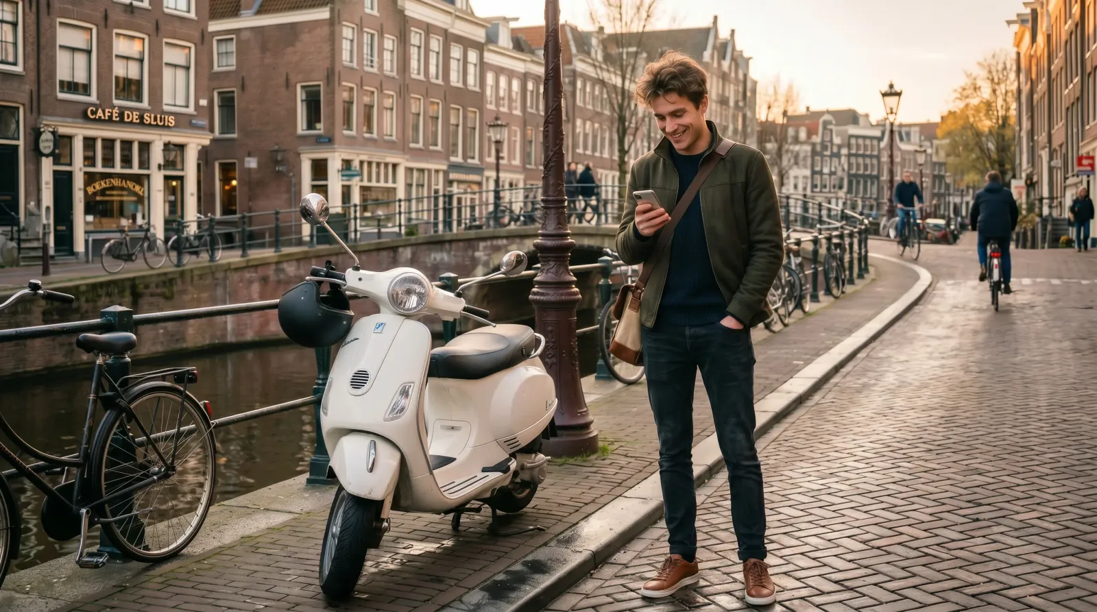 Man regelt zijn scooterverzekering op zijn telefoon, naast zijn Vespa aan de gracht